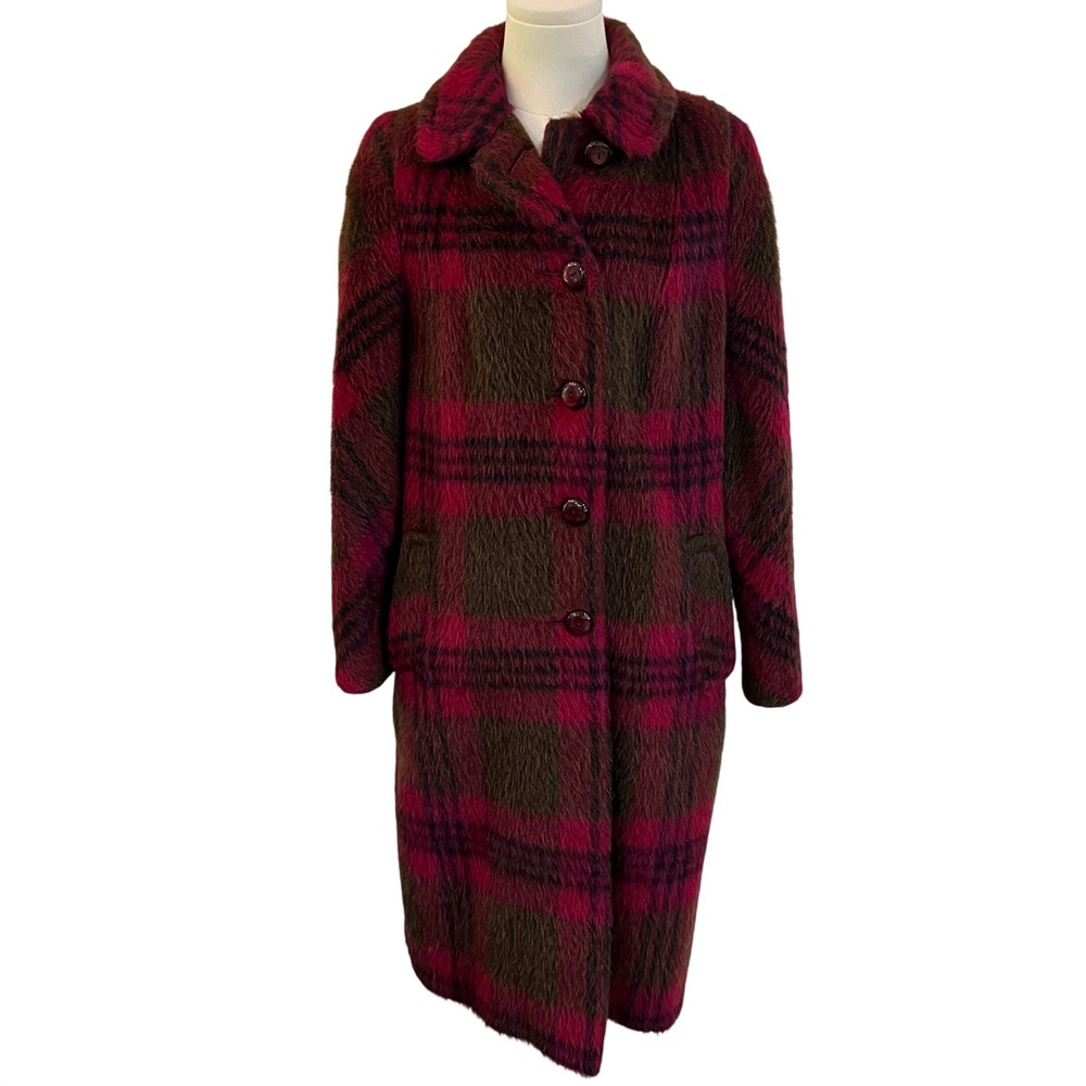 Vintage Kashmoor Pink Brown Mohair Plaid Long Coat Executive Sweet England L